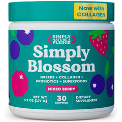 Simply Blossom Greens Powder tub highlighting 45+ nutrients for daily wellness