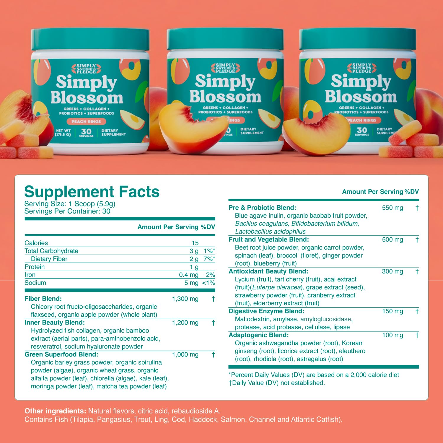 Simply Blossom Peach Rings powder with a scoop emphasizes refreshing flavor for daily use.