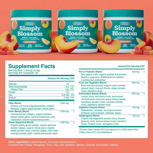 Simply Blossom Peach Rings powder with a scoop emphasizes refreshing flavor for daily use.