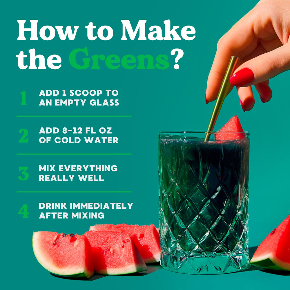 Watermelon flavored greens in a glass, refreshing and easy to mix