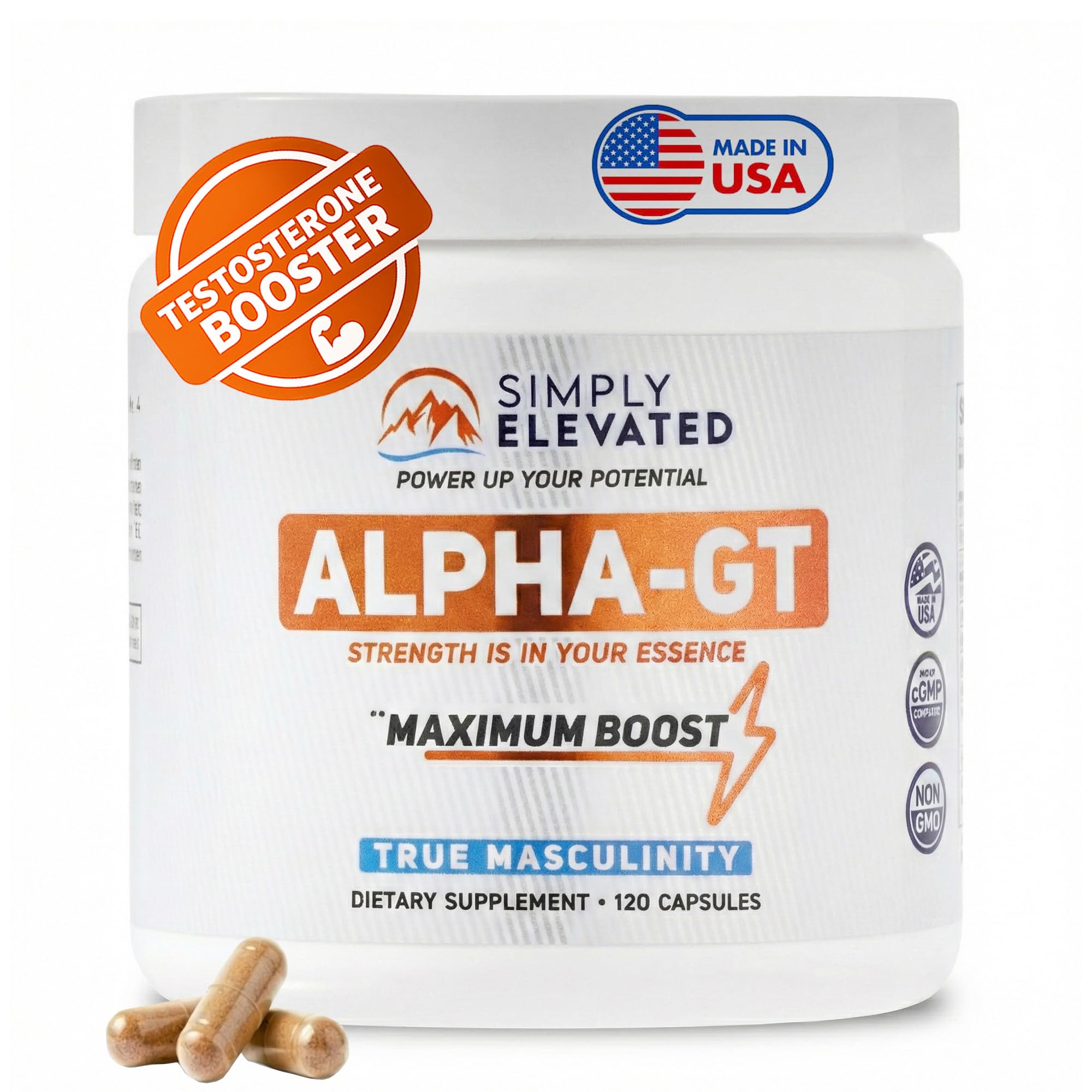 Simply Elevated Alpha-GT bottle front view highlighting the energy support formula.