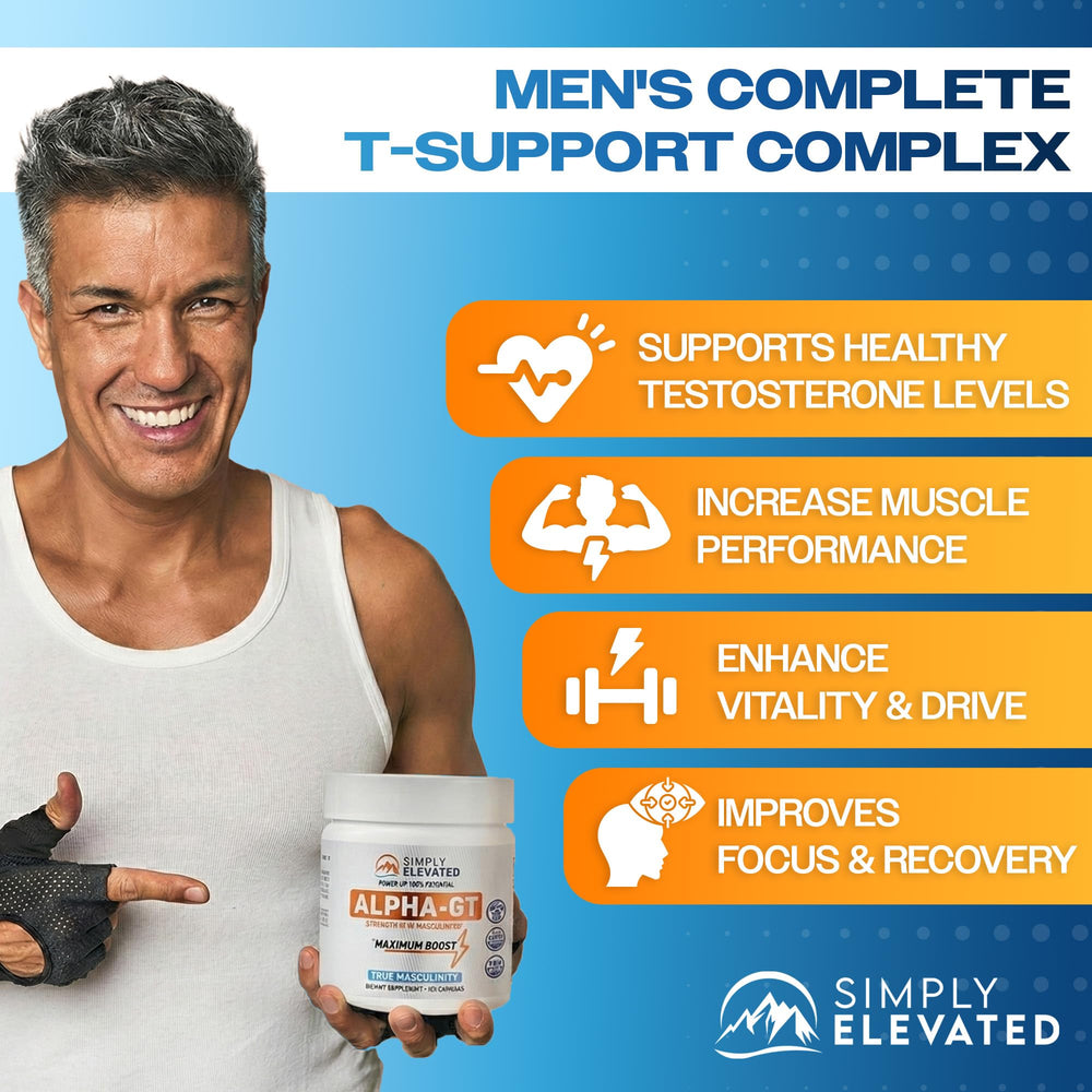 Simply Elevated Alpha-GT capsules neatly arranged indicating a 14-in-1 blend for performance.