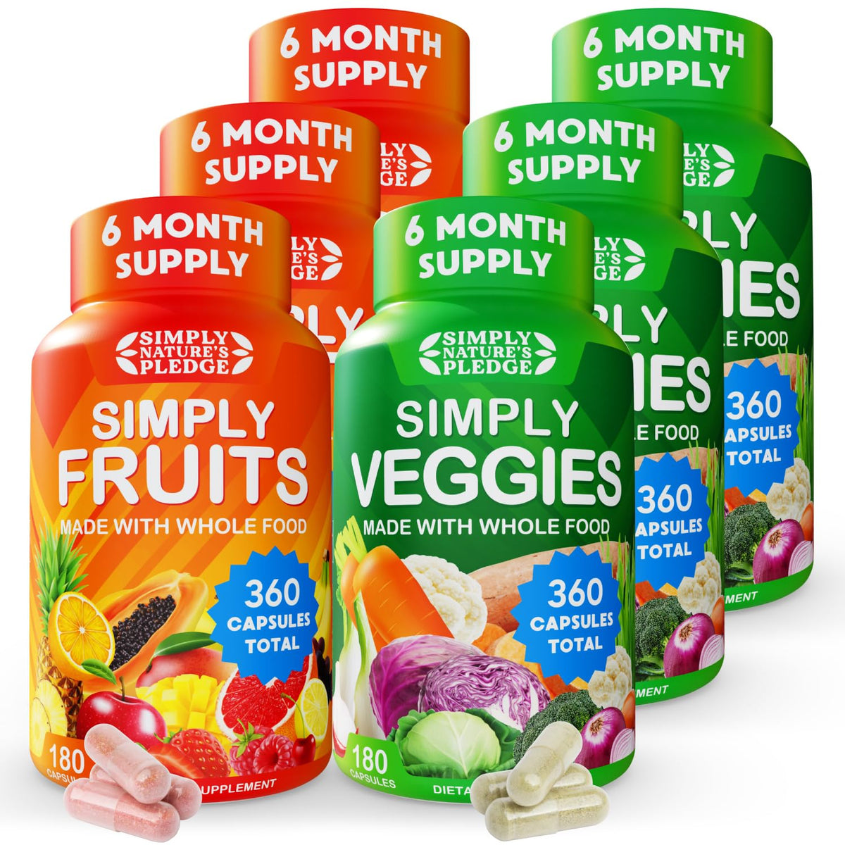 Simply Nature's Pledge bottle with 42 fruits and vegetables for daily nutrition.