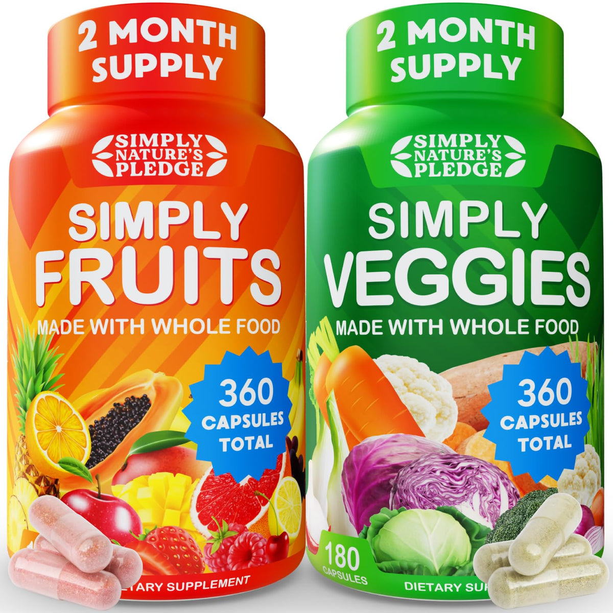 Simply Nature's Pledge 42-fruits-vegetables blend bottle for daily nutrition.