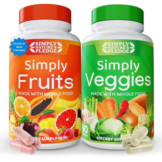 Simply Nature's Pledge bottle front with 42+ fruits and vegetables for daily nutrition.