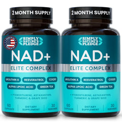 Simply Nature's Pledge NAD+ Elite bottle pouring capsules signaling energy support and mitochondrial health.