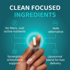 Simply Nature's Pledge NAD+ Elite facts panel highlighting daily dosage of two capsules.