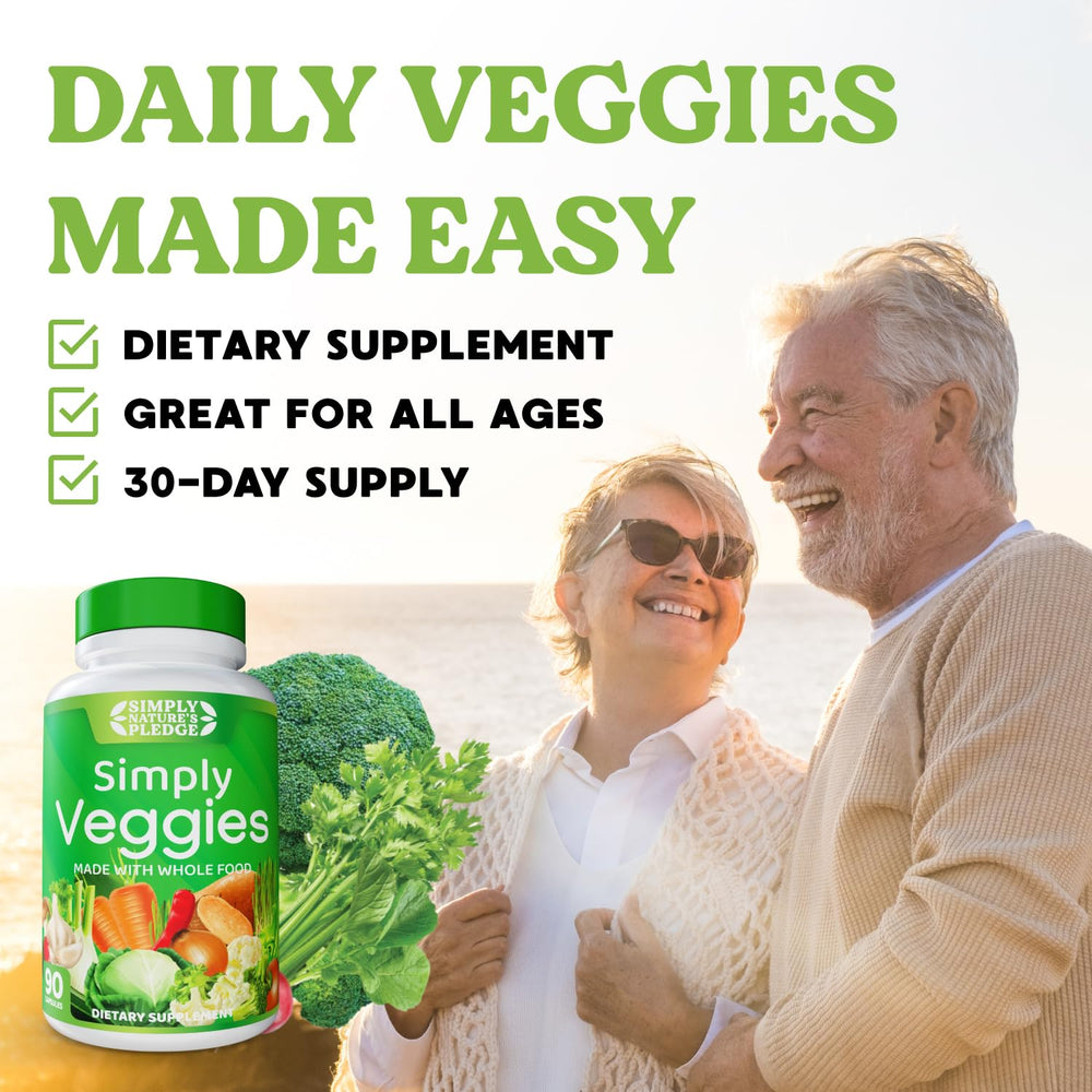 Simply Nature's Pledge packaging front emphasizes a 90-count, soy-free veggie supplement.