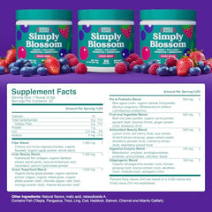 Simply Blossom greens powder scoop beside bottle for convenient daily serving