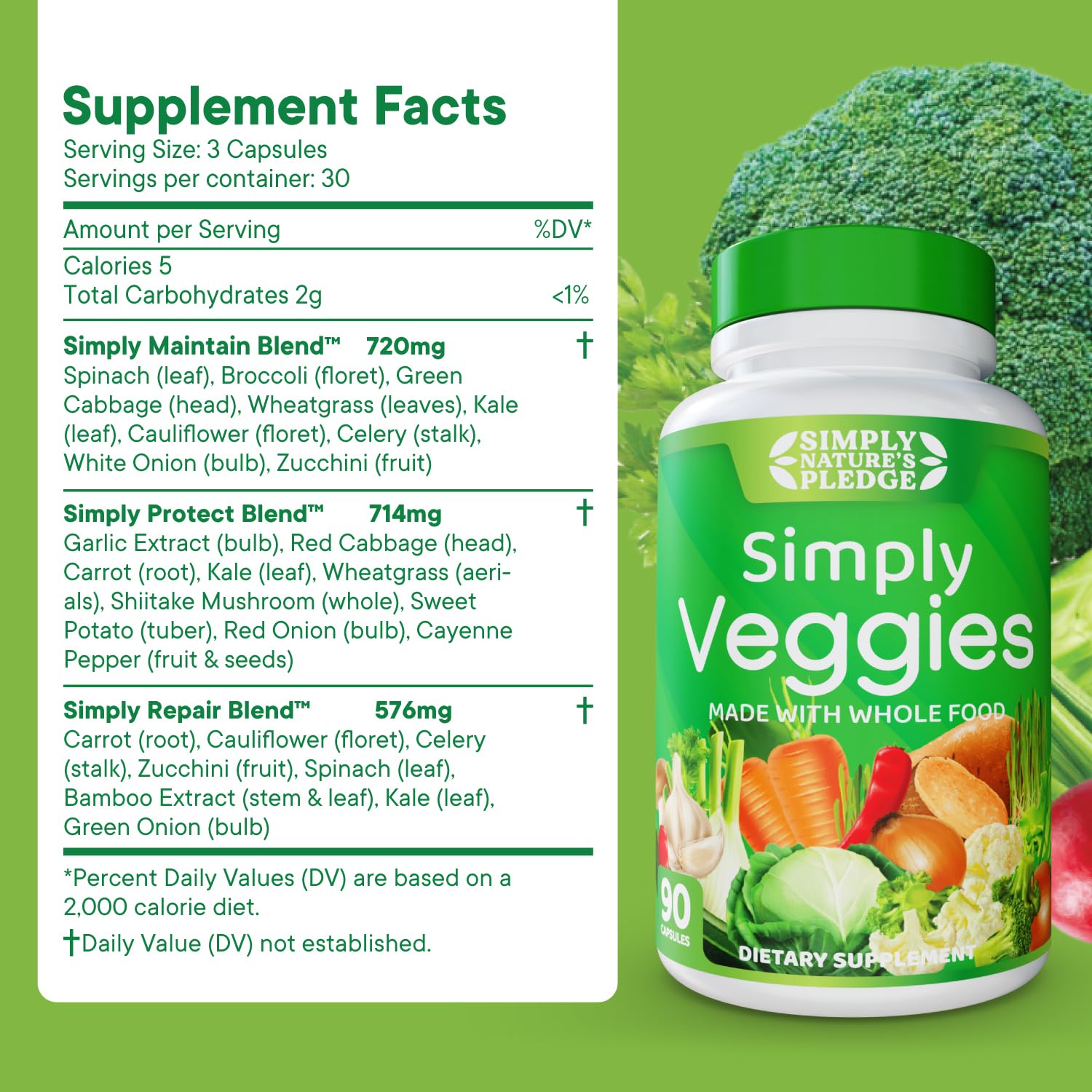Simply Nature's Pledge vegetable mix label indicates a 42+ fruit and vegetable blend.