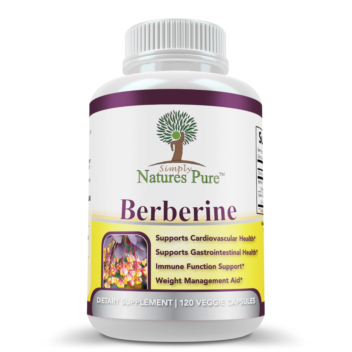 Simply Natures Pure Berberine 500mg bottle supports daily digestive and cardiovascular wellness.