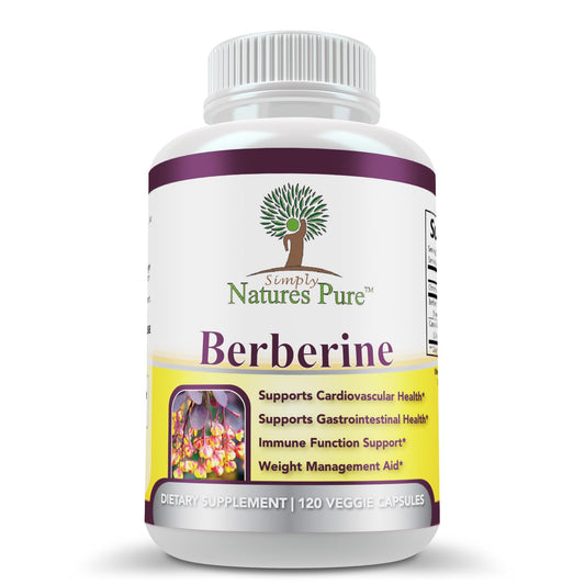 Simply Natures Pure Berberine 500mg bottle supports daily digestive and cardiovascular wellness.