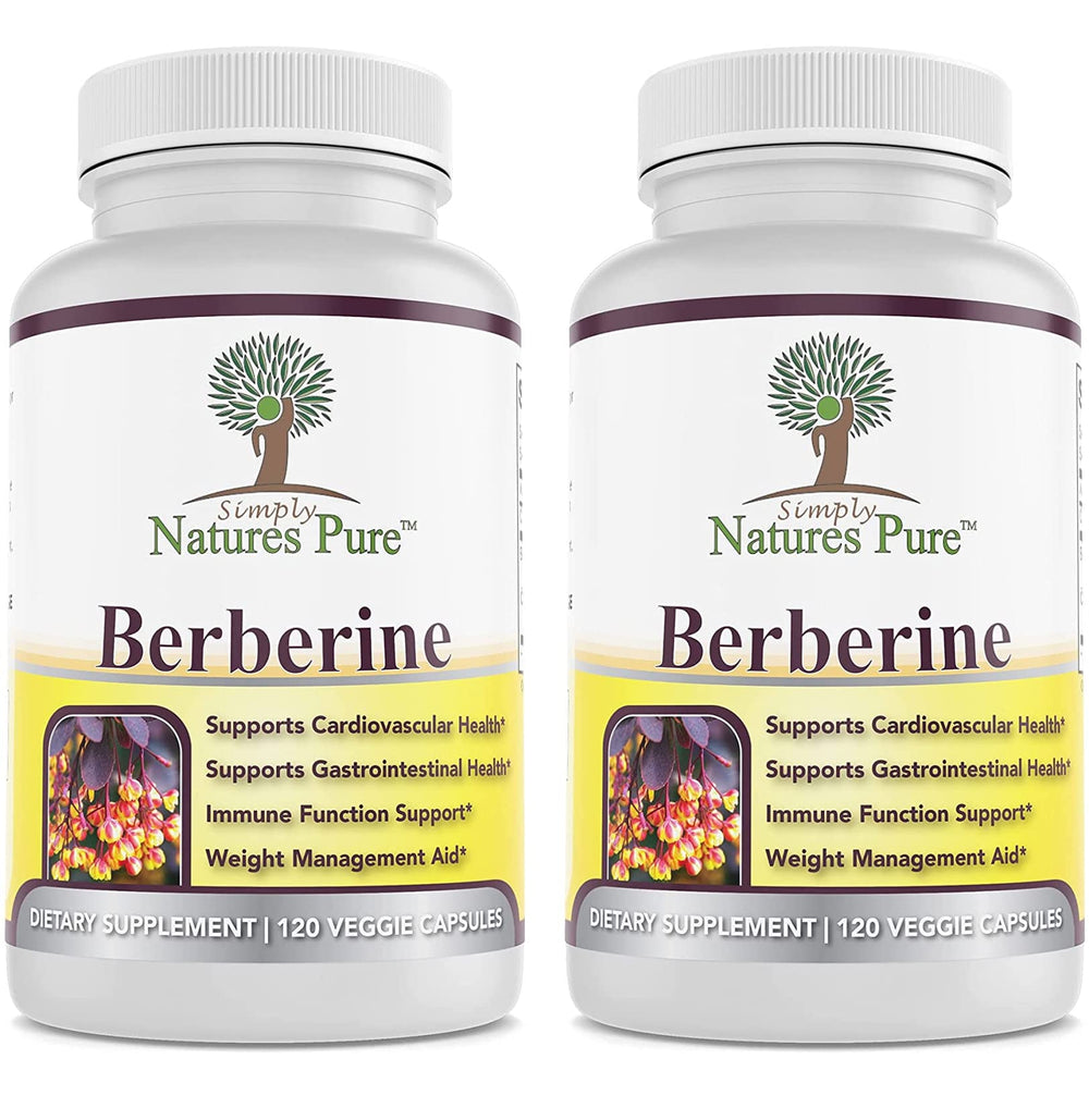 Simply Nature's Pure Berberine HCl capsules in a bottle for daily cardiovascular support.