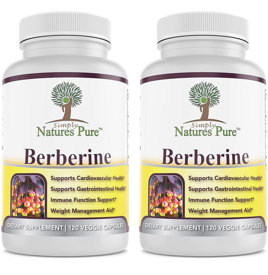 Simply Nature's Pure Berberine HCl capsules in a bottle for daily cardiovascular support.
