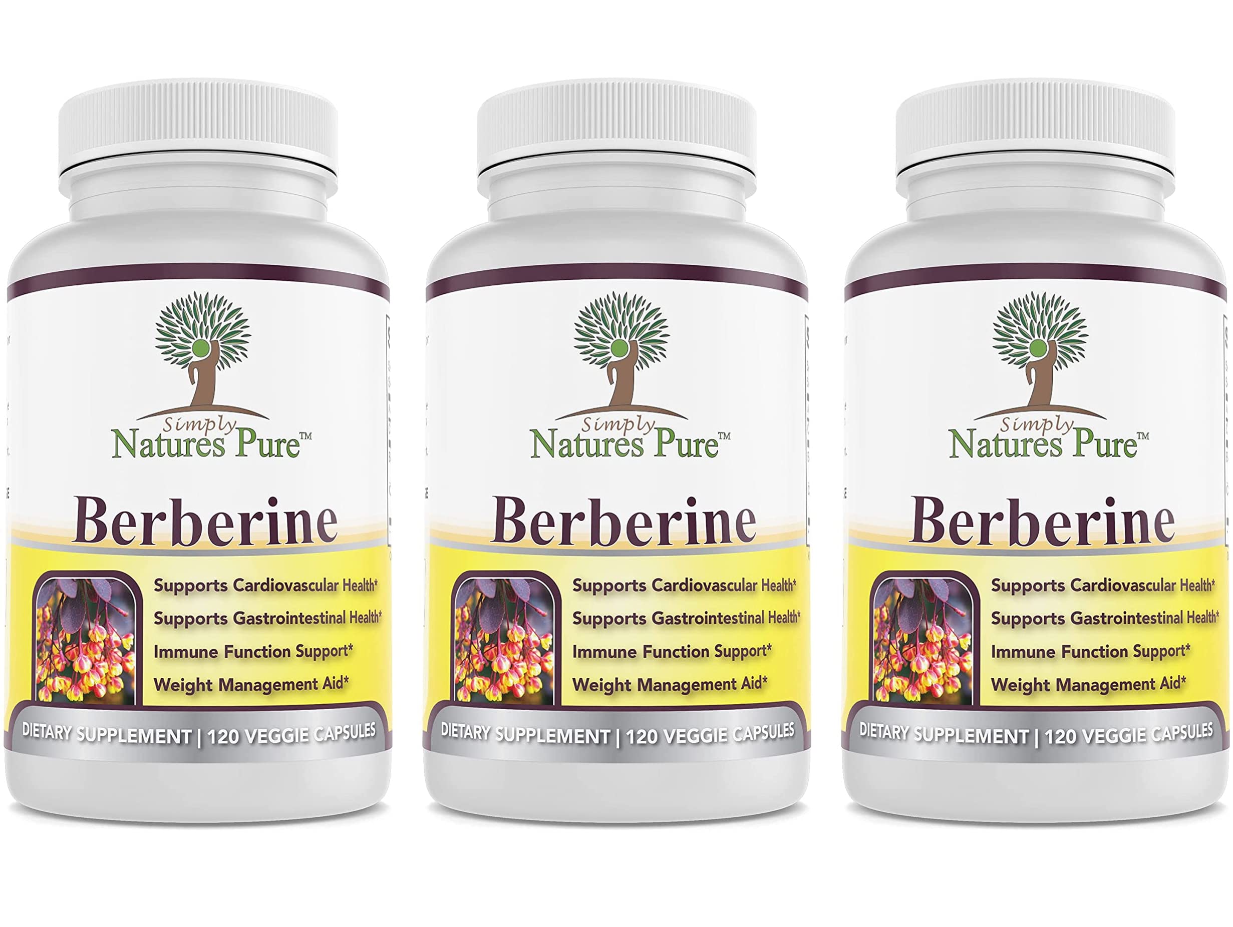 Simply Natures Pure berberine HCl bottle label showing 500 mg per capsule for daily support.
