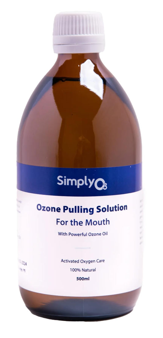 Simply O3 olive oil pulling bottle; ozone solution for gum care and fresh breath.