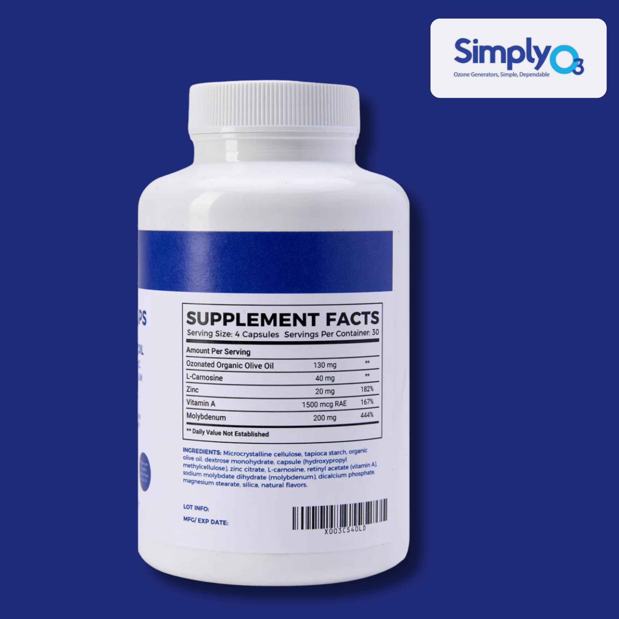 Simply O3 ozonated olive oil supplement bottle for digestive wellness and gut balance.