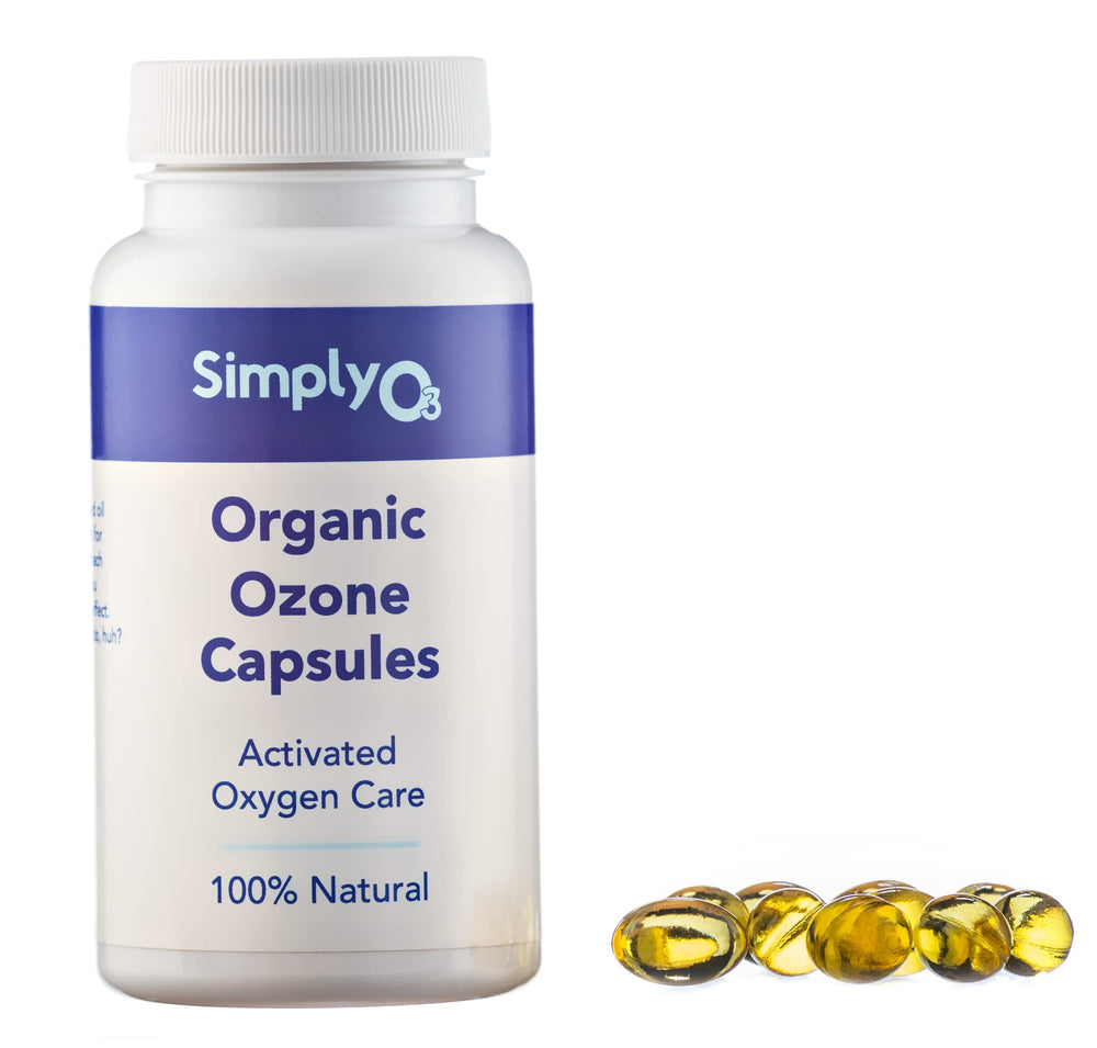 Simply O3 Pure ozonated olive oil capsules bottle for daily gut support