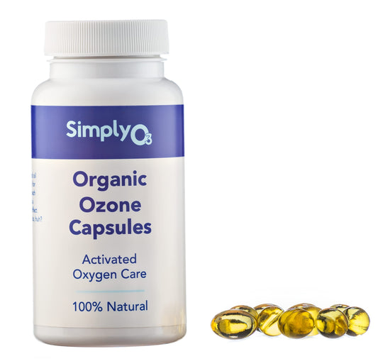 Simply O3 Pure ozonated olive oil capsules bottle for daily gut support