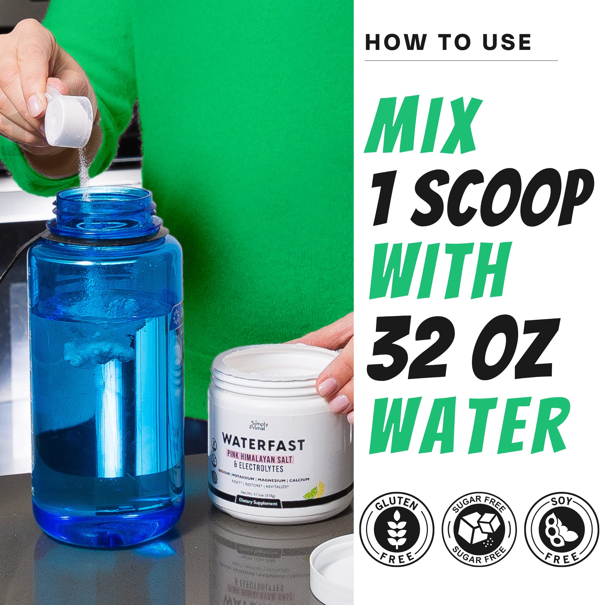 Glass with Simply Primal Waterfast lemon-lime drink for electrolyte intake