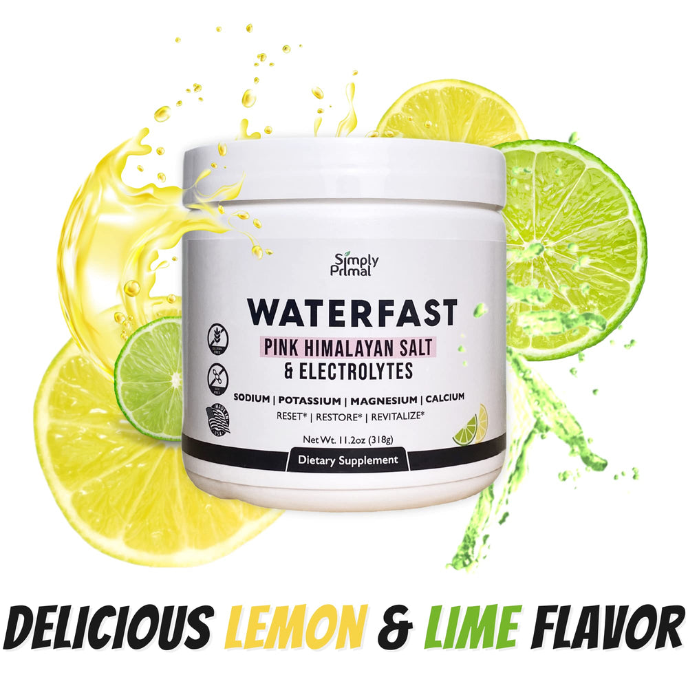 Pouring Simply Primal Waterfast lemon-lime for easy fasting hydration