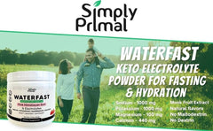 Glass of WATERFAST mixed in water showing palatable hydration during fasting