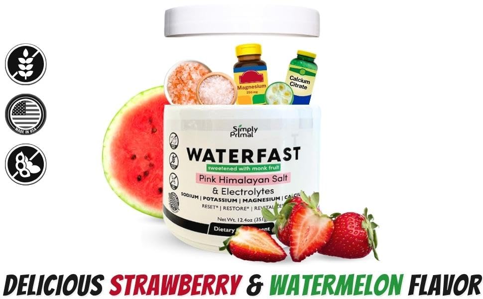 WATERFAST tub beside pink Himalayan sea salt highlights mineral-rich electrolyte blend