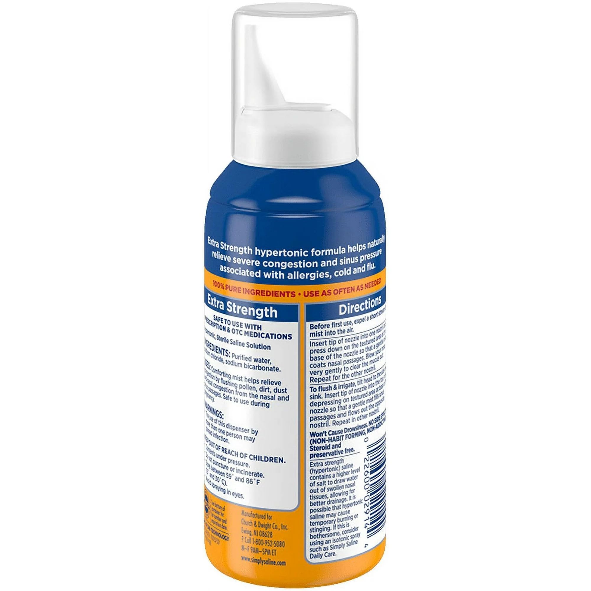 Simply Saline Nasal Mist bottle close-up highlights pure ingredients and 3 percent saline.