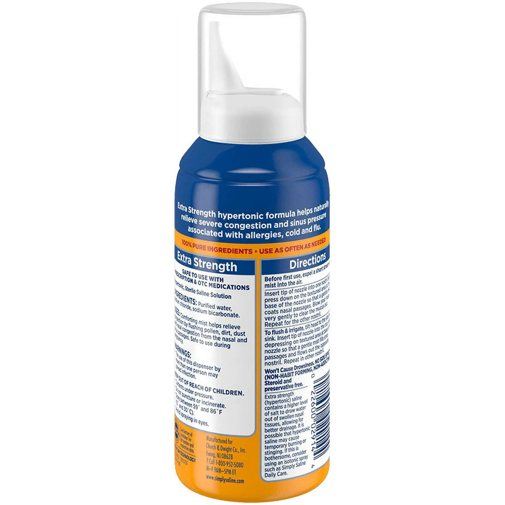 Simply Saline Nasal Mist bottle close-up highlights pure ingredients and 3 percent saline.