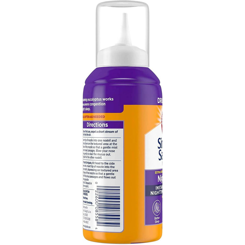 Simply Saline Plus Nighttime Eucalyptus packaging supports gentle flushing of nasal irritants.