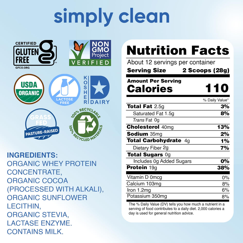 Simply tera's dark chocolate-flavored whey powder delivers rich taste.