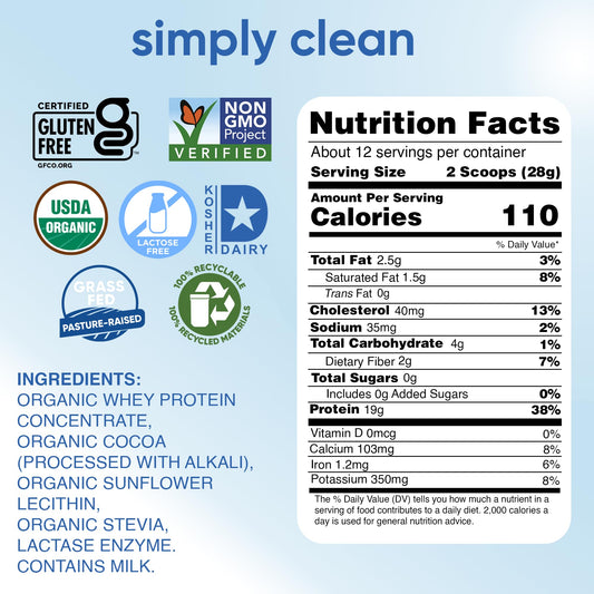 Simply tera's dark chocolate-flavored whey powder delivers rich taste.