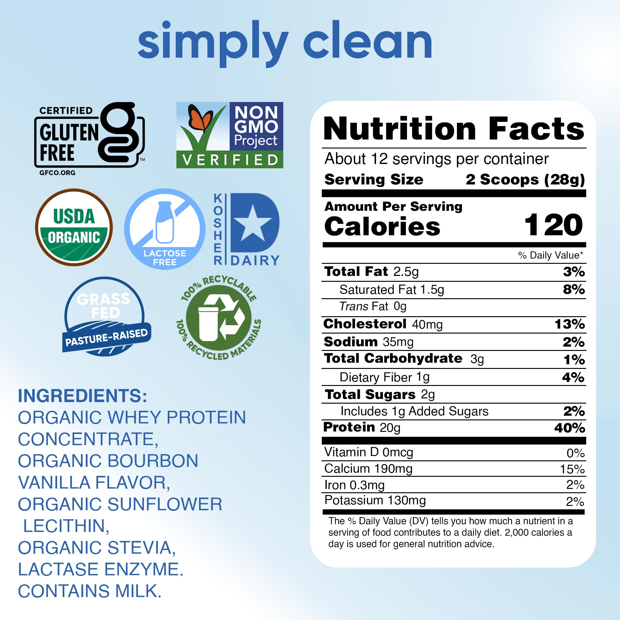 Simply tera's organic whey protein bag showing 20g protein per serving.