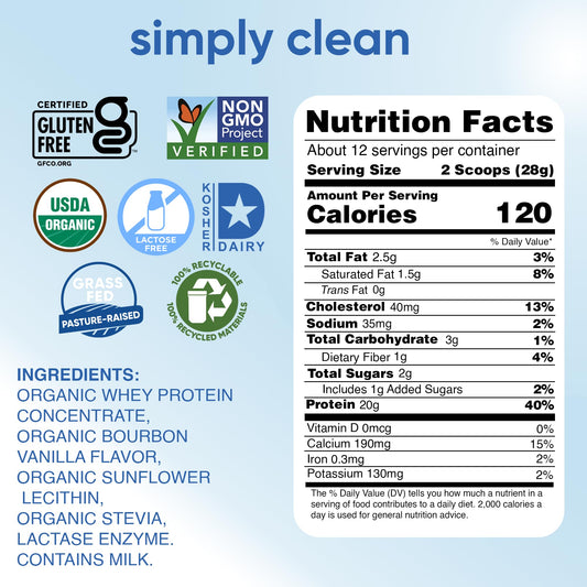 Simply tera's organic whey protein bag showing 20g protein per serving.