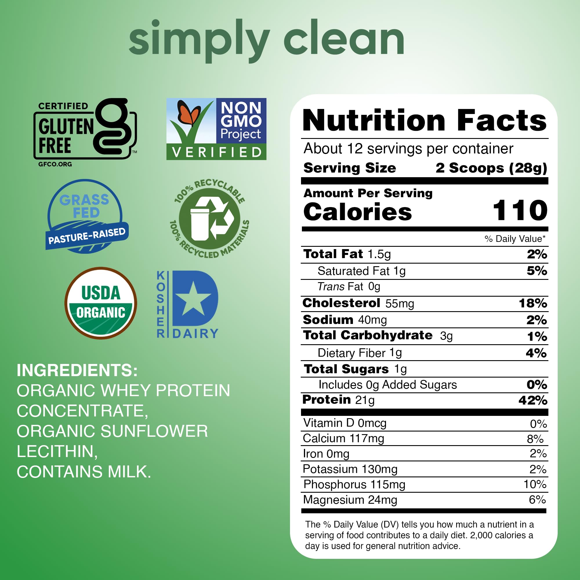 simply tera's grass-fed whey protein powder label highlights non-GMO, kosher, gluten-free benefits.
