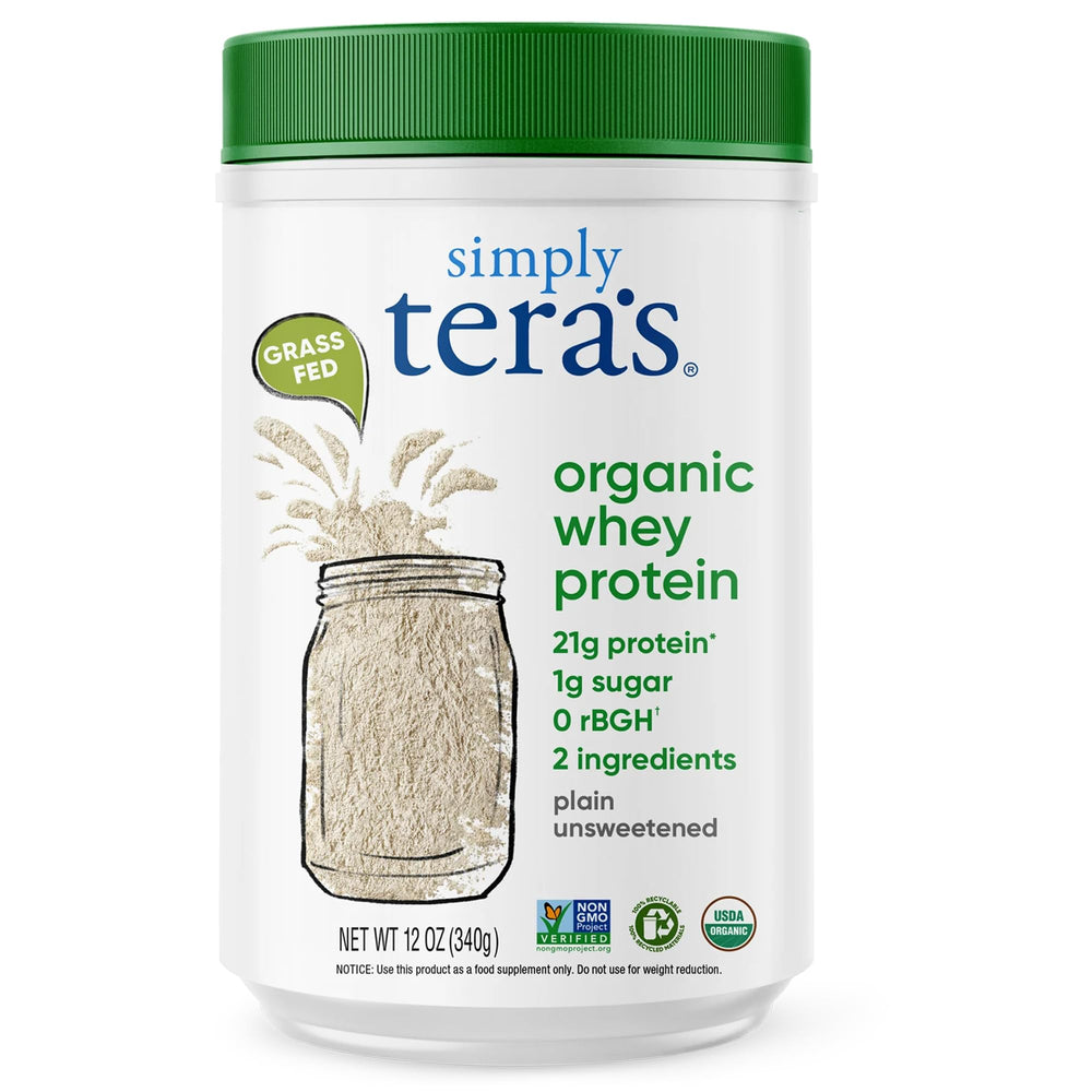 simply tera's Organic whey protein powder jar front for a clean, grass-fed protein boost.