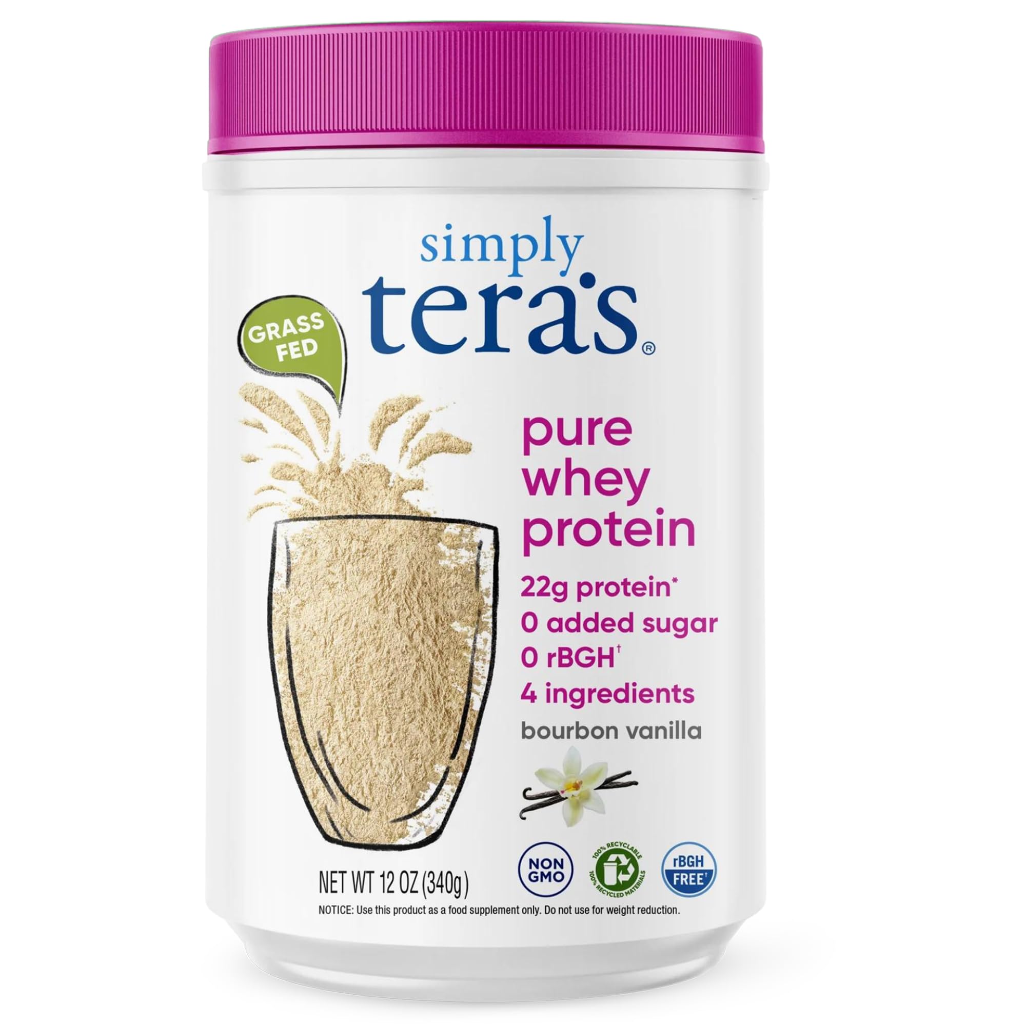Simply Tera's Pure Whey Vanilla powder jar shows clean, high-protein nutrition for workouts.