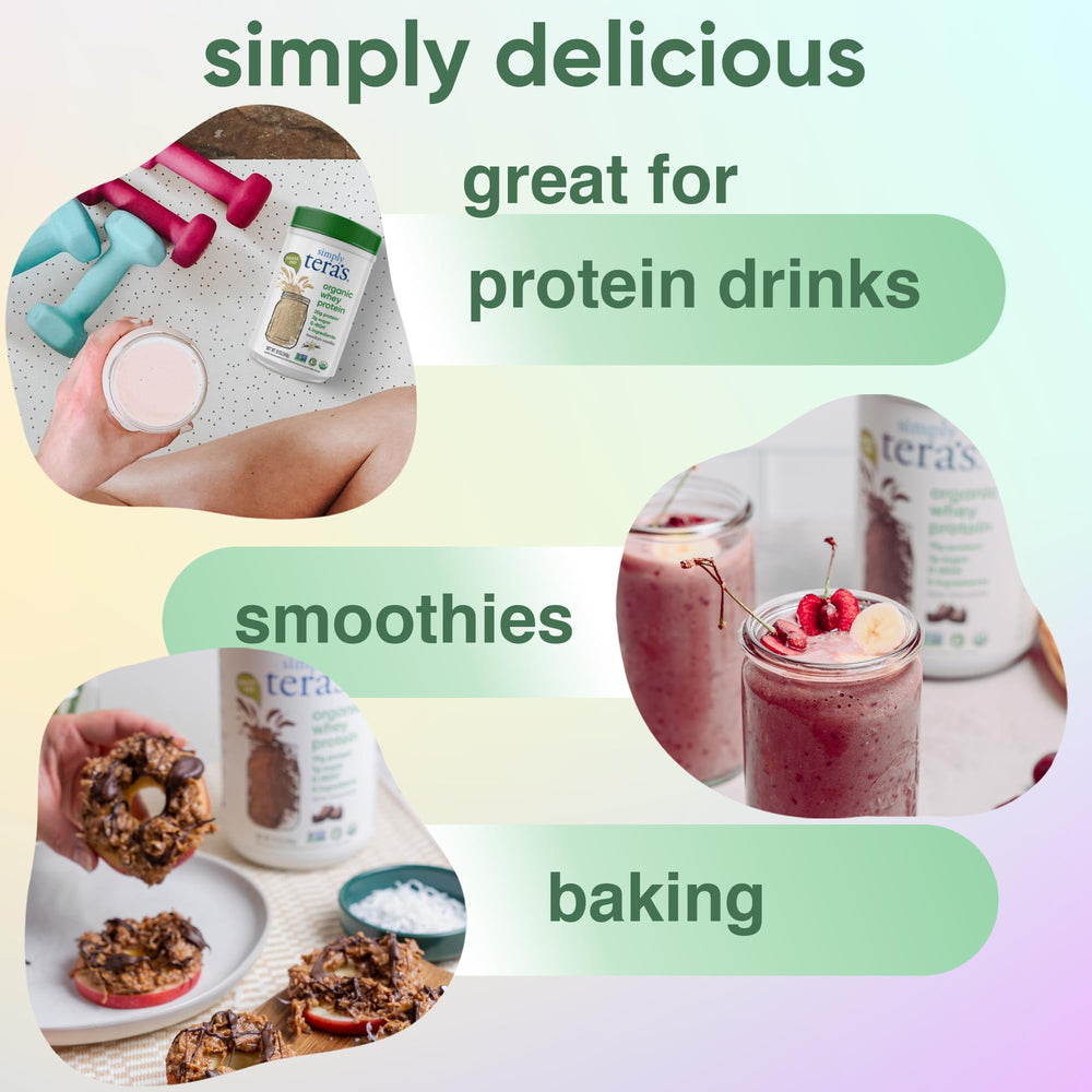 Shake image with simply tera's no-sweetener whey powder shows unsweetened versatility.