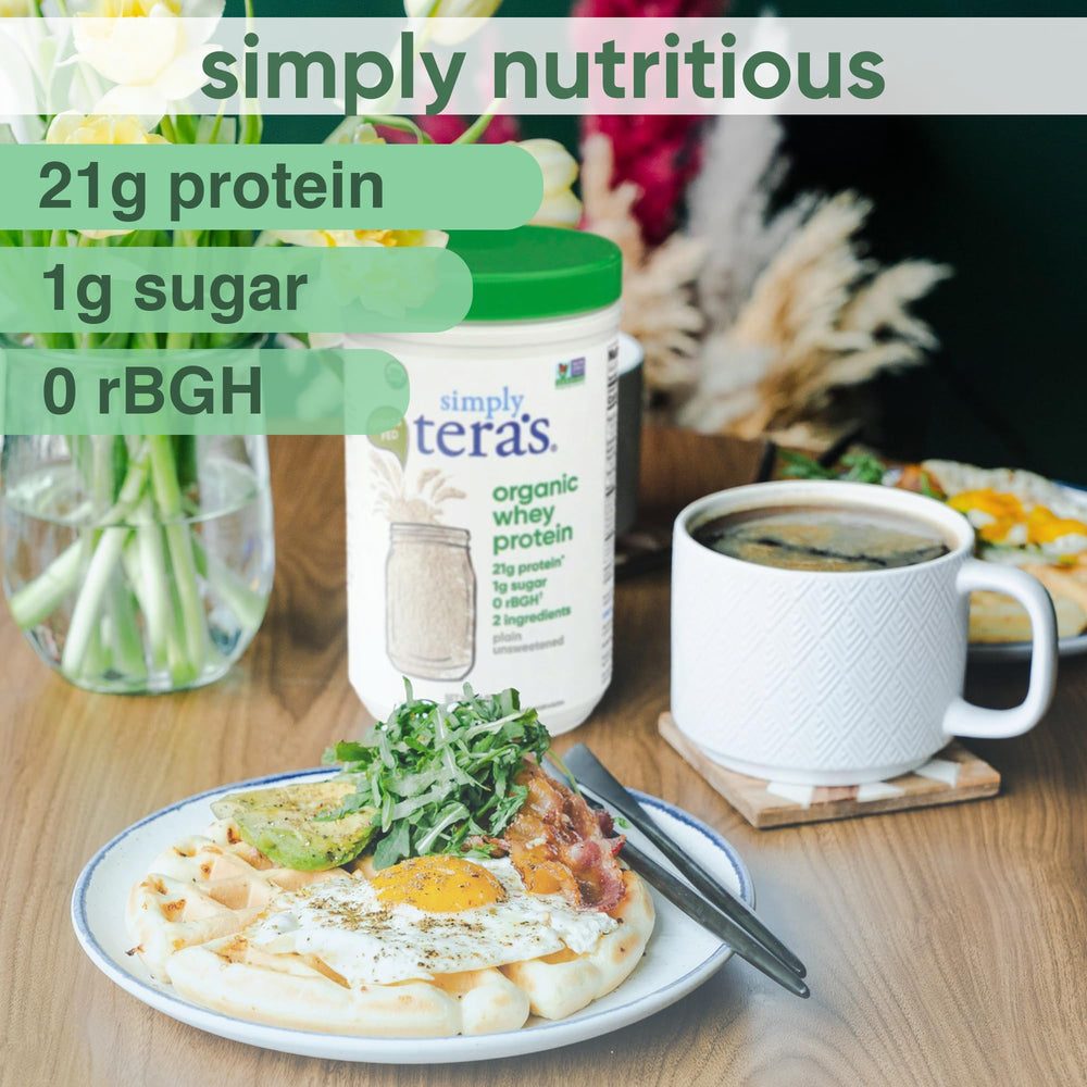 Unopened tub of simply tera's Organic whey protein conveys premium quality.