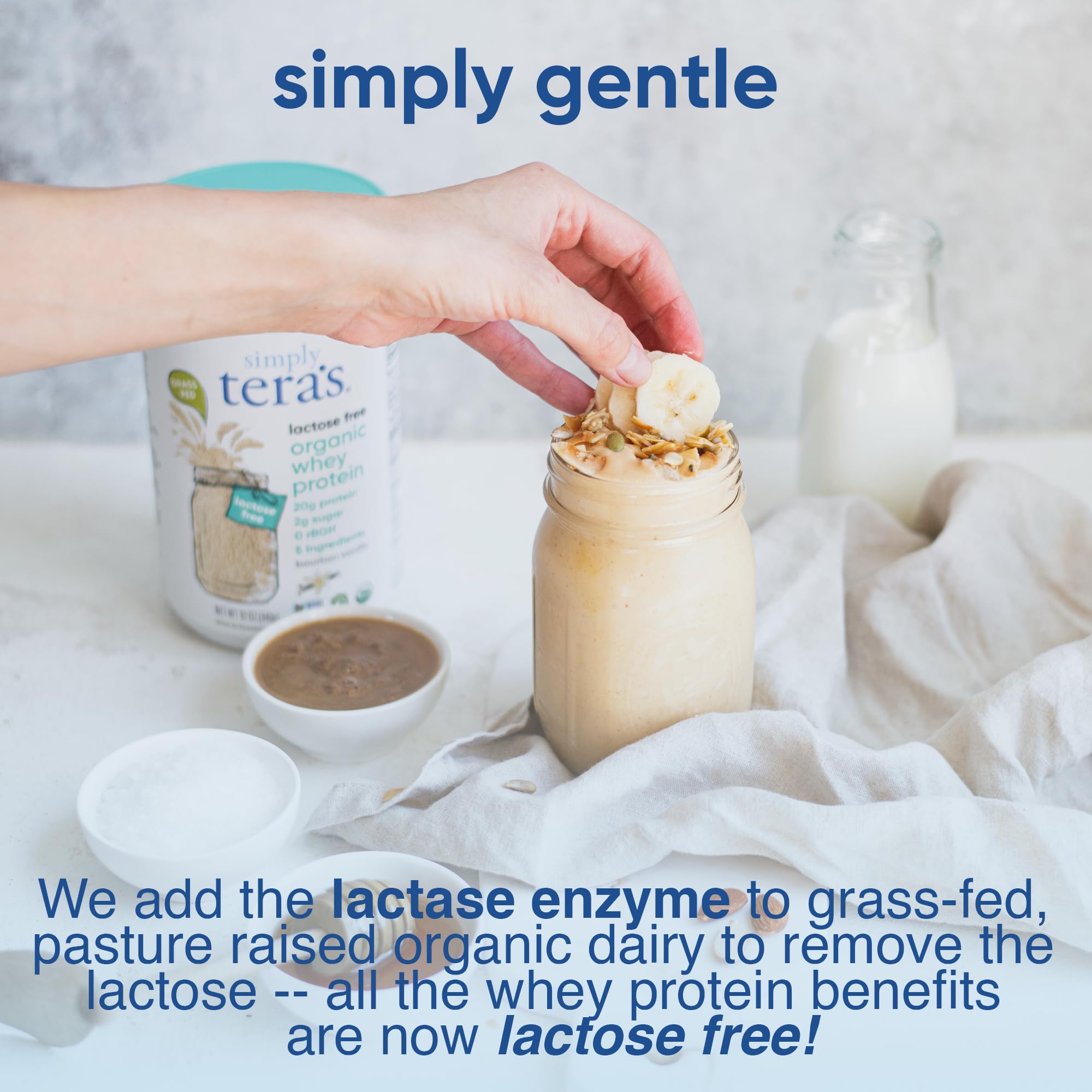 Smooth pour of Simply tera's lactose-free whey powder into a shaker.
