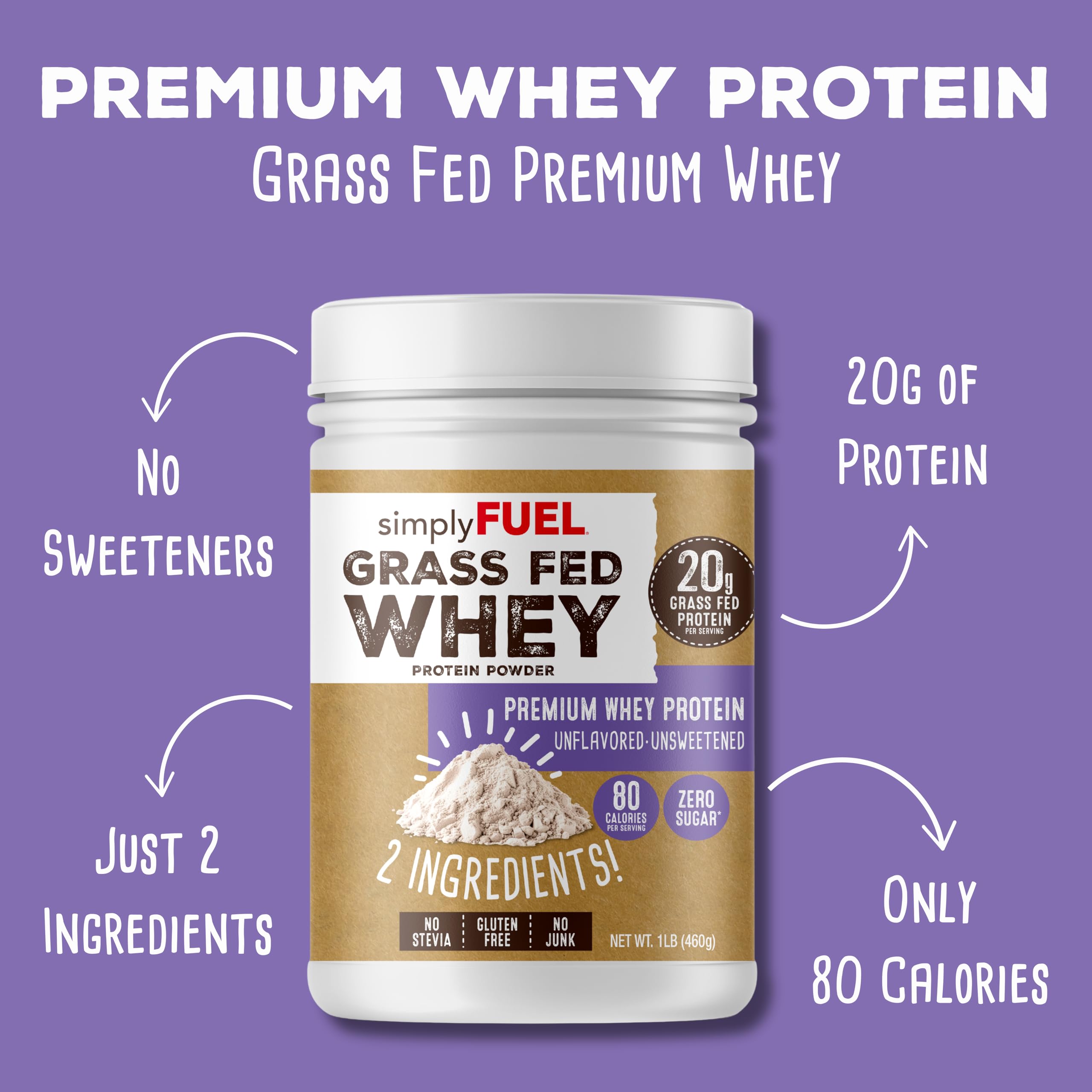 SimplyFUEL whey protein pour unflavored shows easy dosing for quick shakes.
