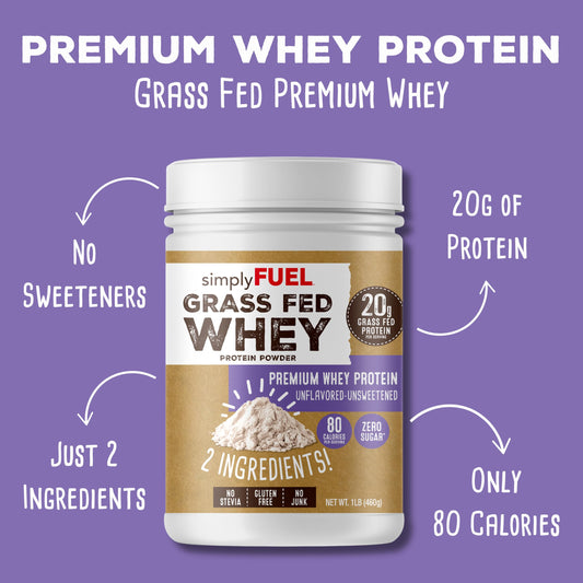 SimplyFUEL whey protein pour unflavored shows easy dosing for quick shakes.