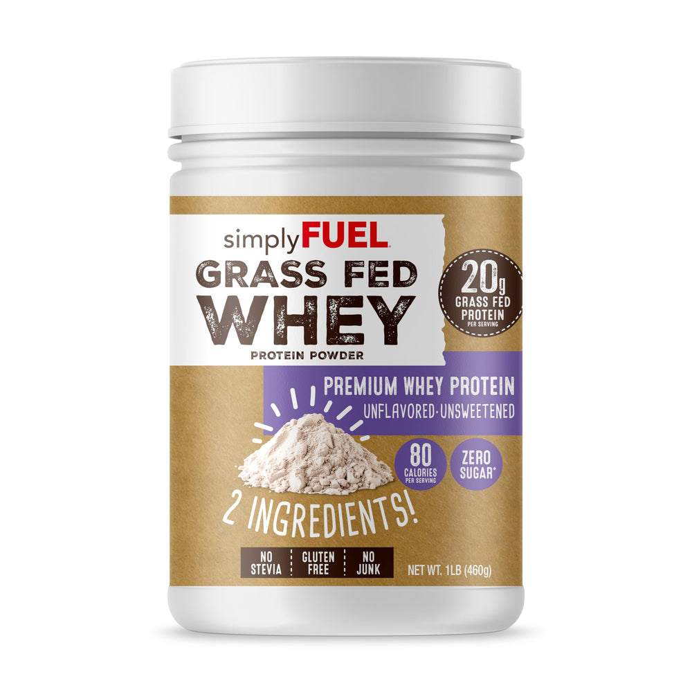 SimplyFUEL whey protein unflavored tub with clean ingredients for versatile shakes.