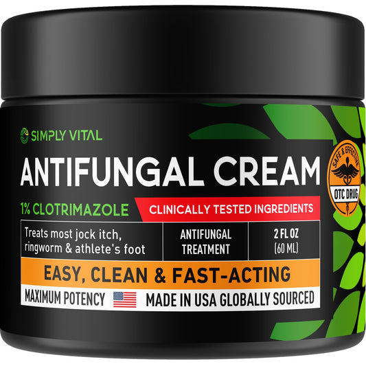 SimplyVital clotrimazole cream tube showing non-greasy formula for quick relief