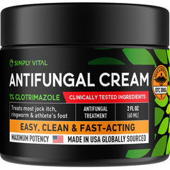 SimplyVital clotrimazole cream tube showing non-greasy formula for quick relief