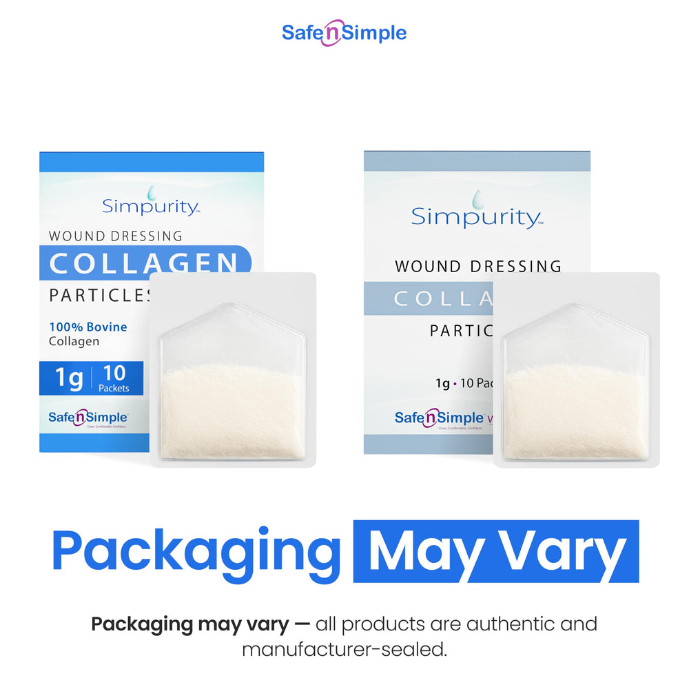 Simpurity collagen dressing powder 10-count pack for convenient single-use dressing.