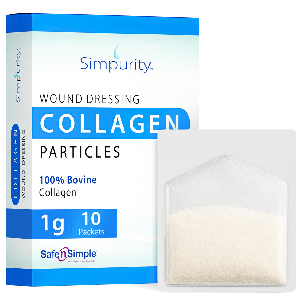 Simpurity collagen dressing powder 1g packet enables precise wound placement.