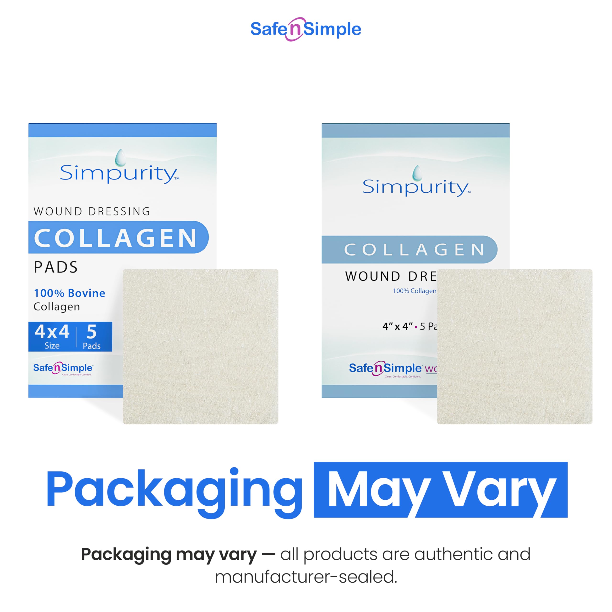 Simpurity collagen pads wound 4x4 sizing shows easy cutting for a custom fit.
