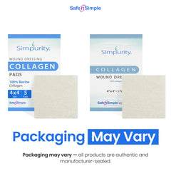 Simpurity collagen pads wound 4x4 sizing shows easy cutting for a custom fit.