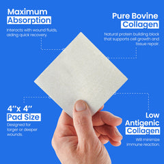Simpurity collagen pads packaging highlights sterile, ready-to-use wound care solution.